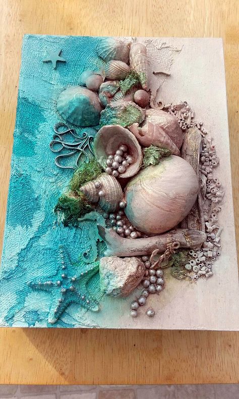 Art Coquillage, Mixed Media Art Canvas, Mixed Media Crafts, Art Shelves, Shell Crafts Diy, Beach Glass Art, Enjoy The Journey, Soyut Sanat Tabloları, Painting Media