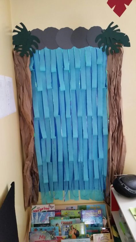 Diy Waterfall for Rainforest theme classroom. Streamers and shiny ribbon for water, brown packaging paper, and cardstock used to make leaves and rocks. Waterfall Classroom Decoration, Rainforest Classroom Transformation, Rainforest Classroom Decorations, Rainforest Room Ideas, Diy Waterfall Decoration, Rainforest Theme Classroom, Rainforest Decorations, Aquatic Biome, Rainforest Display