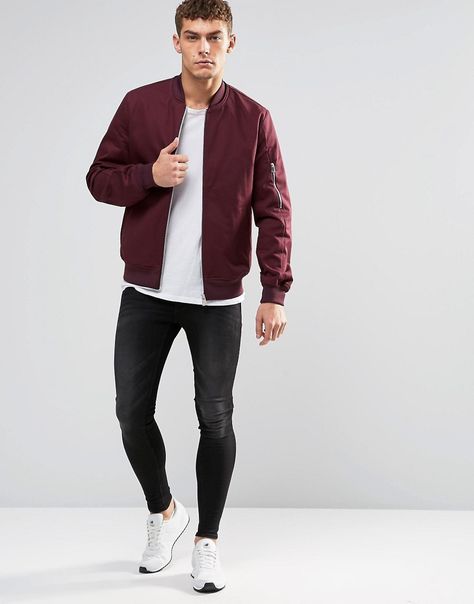 Image 4 of ASOS Bomber Jacket With Sleeve Zip In Burgundy Maroon Jacket Outfit, Burgundy Jacket Outfit, Jacket Outfit Ideas, Windbreaker Outfit, Dresses Burgundy, Superenge Jeans, Maroon Jacket, Shirt Outfit Men, Burgundy Dresses