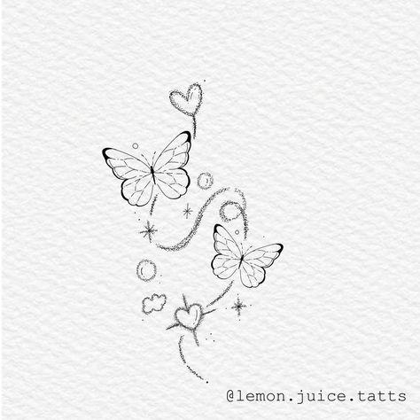 Small Tattoos With Butterflies, Butterflies In Flight Tattoo, Tiny Butterfly Tattoo With Stars, Simple Tattoos Colorful, Butterfly Sparkles Tattoo, Sparkly Butterfly Tattoo, Cute Doodles Butterfly, Butterflies With Sparkles Tattoo, Butterfly With Sparkles Tattoo Design