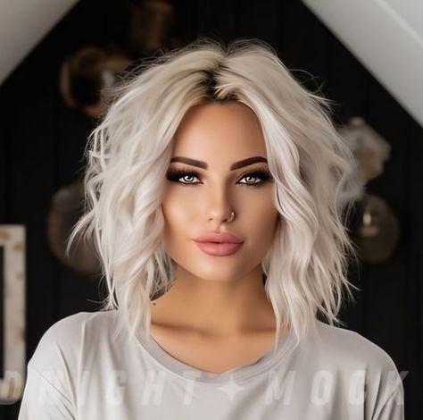 Evening Shadow Hair, Reverse Money Piece Hair Blonde, White Hair Bob, White Hair Women, Blonde Hair Color Ideas For Short Hair, Shadow Root Blonde Platinum, Funky Blonde Hair, Short Icy Blonde Hair, Shoulder Length Platinum Blonde Hair