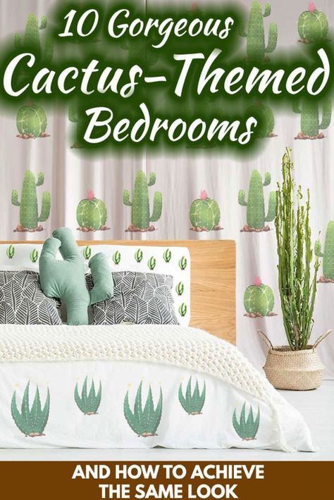 10 Gorgeous Cactus-Themed Bedrooms [And How To Achieve The Same Look]. Article by HomeDecorBliss.com #HDB #HomeDecorBliss #homedecor #homedecorideas Cactus Themed Bedroom, Succulent Bedroom Theme, Arizona Themed Bedroom, Succulent Themed Bedroom, Cactus Theme Bedroom, Cactus Bedroom Ideas, Desert Theme Bedroom, Cactus Decor Bedroom, Cactus Bedroom