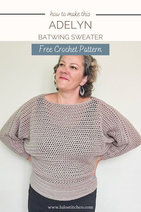 CROCHET BATWING SWEATER - Free Pattern ⋆ lulostitchco.com Batwing Crochet Sweater, Crochet Batwing Sweater Pattern Free, Crochet Batwing Sweater, Batwing Crochet, Batwing Sweater Pattern, Crochet Batwing, Crochet Moss, Easy Crochet Sweater, Crochet Pullover Pattern