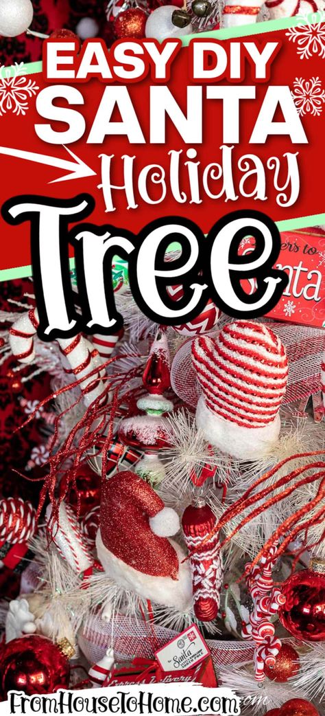 easy DIY santa holiday tree Santa Inspired Christmas Tree, Diy Red And White Christmas Ornaments, Santa Christmas Tree Theme, Christmas Pictures With Lights, Red And White Ornaments, Unique Christmas Trees Themes, Tree Topper Ideas, Santa Tree Topper, Elegant Christmas Tree Decorations