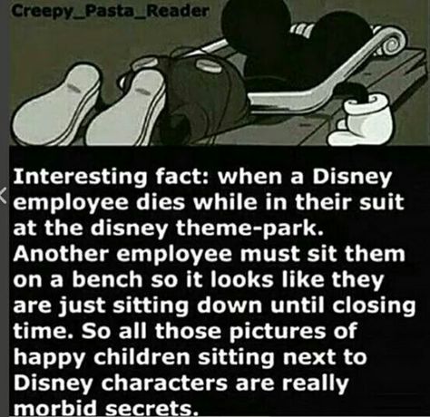 Disney Employee, Cartoon Theories, Creepy Disney, Short Scary Stories, Short Creepy Stories, Disney Secrets, Disney Theory, Scary Facts, Funny Disney Memes