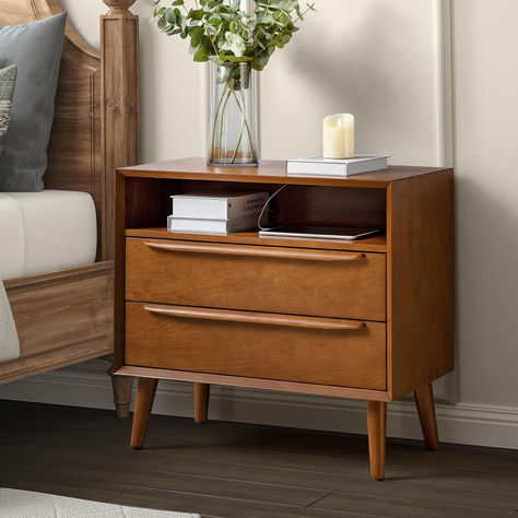 HULALA HOME Nightstand, Mid-Century Modern 2 Drawer and Open Shelf Dresser for Bedroom, Small Bedside Table with Built-in Outlets, Bedside Furniture, End Table for Dorm, ACORN Open Shelf Dresser, Shelf Dresser, Shelf Bedside Table, Bedside Furniture, Mid Century Modern Nightstand, Mid Century Nightstand, Small Nightstand, Nightstand With Charging Station, Small Bedside