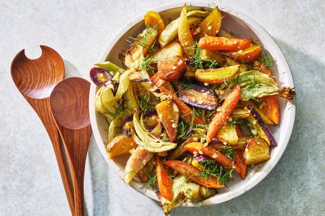 Roasted Vegetables With Creamy Coconut Dressing Recipe Warm Vegetable Salad, Coconut Dressing, Warm Salads, Broccoli Cauliflower, Nyt Cooking, Cooking Guide, Prop Styling, Roasted Carrots, Stuffed Sweet Peppers