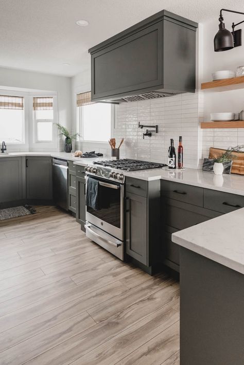 Vermont Kitchen, Alaska House, Olive Green Kitchen, Kitchen Revamp, Daily Greens, Grey Kitchen Designs, Kitchen Floors, Dark Grey Kitchen, Light Wood Floors