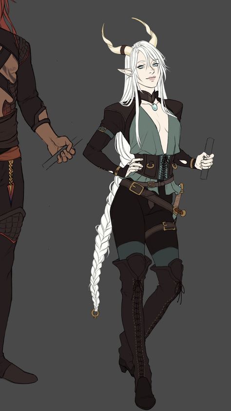 Rogue Outfit Design, Dnd Character Outfit Design, Dnd Outfit Ideas, Dnd Rogue Outfit, Horned Character Design, Sorcerer Pose Reference, Dnd Fighter Character Design, Dnd Outfits Female, Dnd Clothing Design