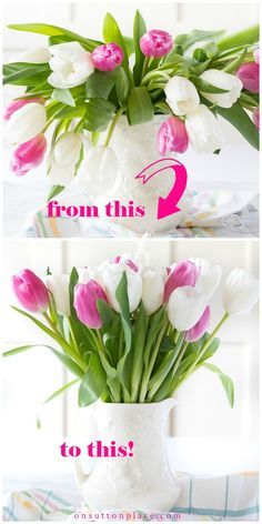 Tulips In Tall Vase, Fresh Tulip Arrangements, How To Make A Tulip Bouquet, Tulip Bouquet Ideas, Easter Bouquets Floral Arrangements, Drooping Tulips, Easter Flower Arrangements For Church, Arranging Flowers In A Vase, Tulip Centerpieces Wedding