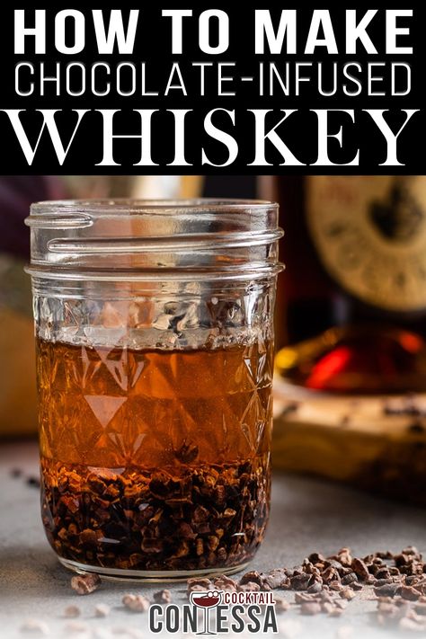 Mason jar with whiskey being infused by small chocolate pieces nicley backlight with warm sunlight. Whiskey Food Recipes, Whiskey Infusion Recipe, Infused Bourbon Recipes, Infused Whiskey Recipes, Diy Infused Whiskey, Alcohol Infused Chocolate, Bourbon Infusions, Whiskey Infusion, Apple Infused Whiskey