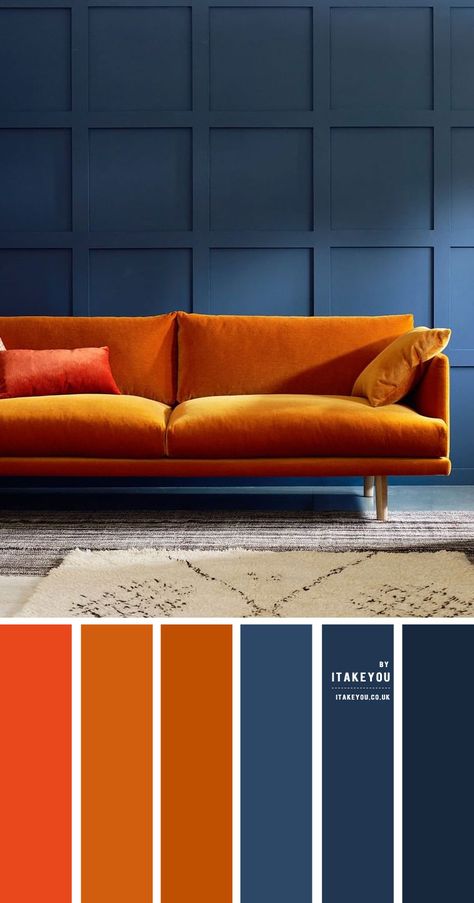 Earth Tone Color Combos For Minimalist bathroom 1 - I Take You | Wedding Readings | Wedding Ideas | Wedding Dresses | Wedding Theme Rust Color Schemes, Blue And Orange Living Room, Fall Color Combinations, Design Seed, Dark Blue Living Room, Orange Couch, Orange Sofa, Living Room Orange, Color Schemes Colour Palettes