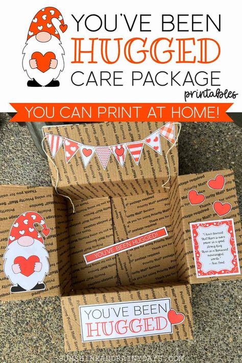 Family Care Package Ideas, Hug Box Ideas, Cheer Up Box Care Packages, Cheer Up Care Package, Hug In A Box Care Package, Care Package Party, Breakup Care Package, Red Care Package Ideas, Hug In A Box Ideas