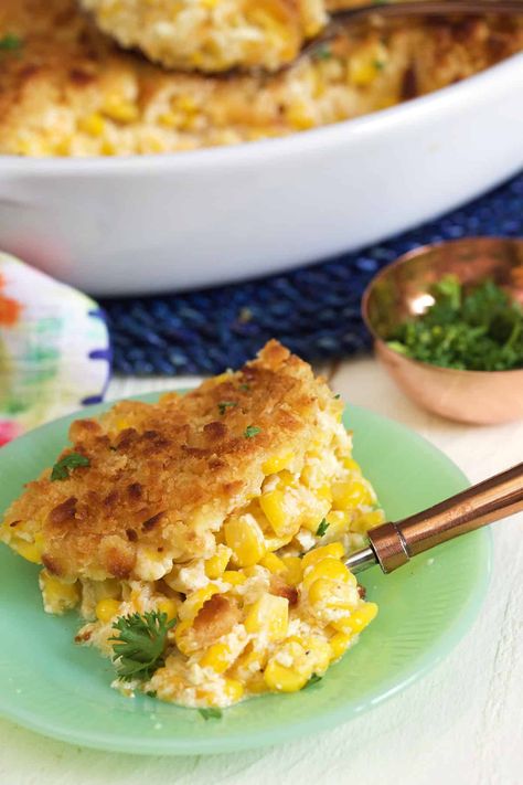 Scalloped Corn Casserole - The Suburban Soapbox Savory Corn Pudding, Thanksgiving Corn Pudding, Corn Casserole Easy, Easy Corn Pudding, Scalloped Corn Casserole, Easy Vegetable Side Dish, Cheesy Corn Casserole, Corn Side, Scalloped Oysters