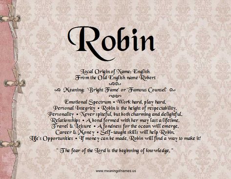 Robin Name, Credit Repair Letters, Monkey Man, Old English Names, Name Letters, Fear Of The Lord, Name Meaning, Writing Project, Names With Meaning