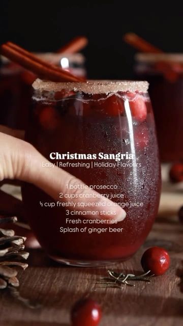 Live Healthy and Fit l Health Fanatics & Food Addicts on Instagram: "Festive Christmas Sangria

Celebrate the holidays with this bright and bubbly Christmas Sangria! A perfect mix of cranberry, citrus, and warm spices, it’s as festive as it is refreshing. Serve it at your next gathering and watch it become the star of the season! By @double.dose.of.vitamin.c 

Ingredients:

2 cups cranberry juice blend
1 bottle Prosecco
½ cup freshly squeezed orange juice
3 cinnamon sticks
Fresh cranberries
Splash of ginger beer
Instructions:

In a large pitcher, combine fresh cranberries and cinnamon sticks.
Add Prosecco, cranberry juice, orange juice, and a splash of ginger beer. Stir gently to combine.
To serve, rim glasses with an orange wedge and cinnamon sugar for an extra festive touch.
For a lighte Alcohol Punch, Prosecco Punch, Christmas Sangria, Squeezed Orange Juice, Sugar Glass, Alcoholic Punch, Orange Wedges, Healthy And Fit, Freshly Squeezed Orange Juice