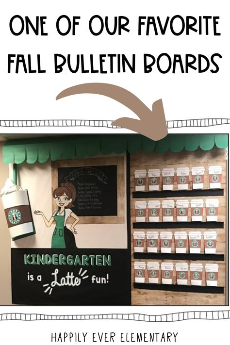 Blast into fall with our Pumpkin Spice can be a LATTE Fun! ⋆ Happily Ever Elementary bulletin board kit. Watch as your classroom transforms into a cozy coffee shop with this adorable Starbucks-themed display. The perfect way to welcome autumn, this bulletin board kit features a fun, fall-inspired design that will get both students and teachers excited for the season! Coffee Shop Classroom Theme, Coffee Cup Crafts, Elementary Bulletin Boards, Holiday Bulletin Boards, Teacher Bulletin Boards, Cozy Coffee Shop, Upper Elementary Resources, Cozy Coffee, Pumpkin Spice Season