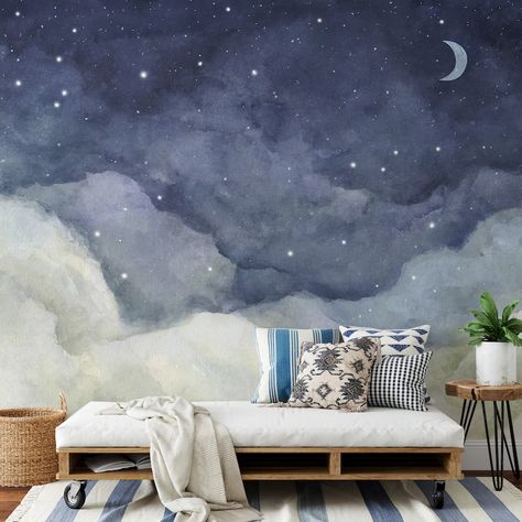 Starry Night Sky and Crescent Moon Watercolor Wall Mural Serene Bedroom Wallpaper Decor Removable Wallpaper - Etsy Night Sky Mountain Mural Nursery, Bedroom Wallpaper Decor, Playroom Ceiling, Night Sky Mural, Moon Bedroom, Sky Mural, Sky Nursery, Moon Watercolor, Sky Ceiling