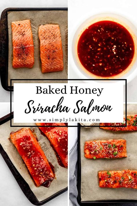 This sweet and spicy Baked Honey Sriracha Salmon is the perfect easy dinner recipe the whole family is sure to love. Tender flaky salmon topped with a sticky glaze that's packed with the most rich and delicious flavor. It's sure to be your new favorite 30 minute meal when paired with a salad or your favorite vegetables. simplylakita.com #honeysrirachasalmon Asian Salmon Glaze, Siracha Honey Salmon Recipes, Chinese Salmon Recipes, Salmon Recipes With Honey, Honey Siracha Salmon Rice Bowl, Honey Siracha Salmon Glaze, Salmon Slow Cooker Recipes, Salmon Recipes Honey, Teriyaki Salmon Baked