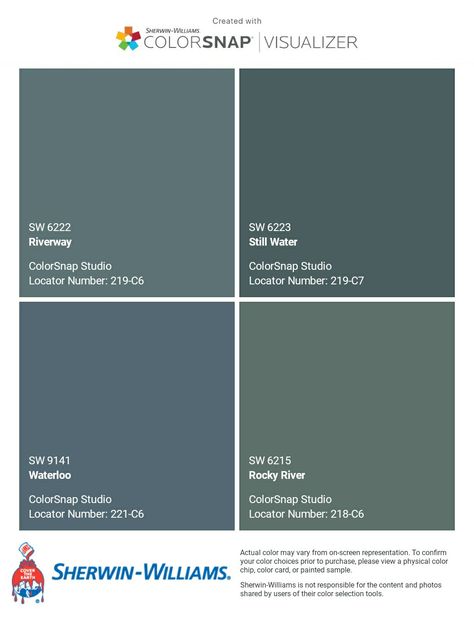 I just created this color palette with the Sherwin-Williams ColorSnap® Visualizer app on my Android phone. What do you think? You can learn more about ColorSnap Visualizer and get it on your phone free by visiting https://www.sherwin-williams.com/content/colorsnap.html. Sherwin Williams Still Water Front Door, Still Water Paint Sherwin Williams, Blue Green Gray Paint Colors Sherwin Williams, Sherwin Williams Waterloo Exterior, Sherwin Williams Blue Green Paint Colors Master Bedrooms, Still Water Sherwin Williams Exterior, Sherwin Williams Stillwater, River Way Sherwin Williams, Colorsnap Visualizer Sherwin Williams