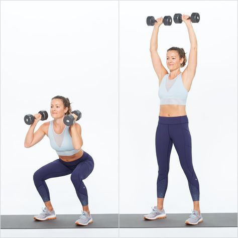 Dumbbell Thrusters Dumbbell Thrusters, Best Dumbbell Exercises, Squat Press, Dumbbell Squat, Dumbbell Exercises, Pop Sugar, Compound Exercises, Arm Exercises, Overhead Press