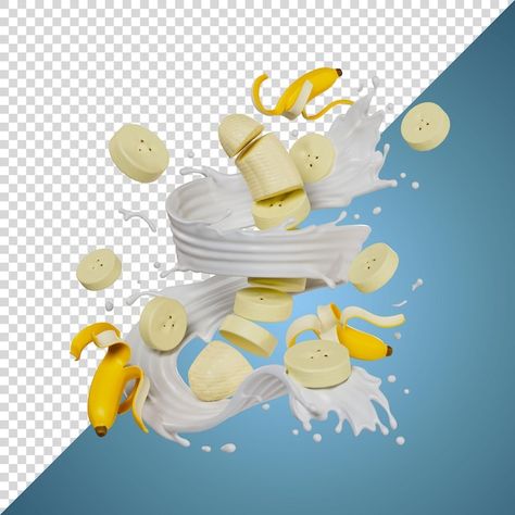 Sliced Banana, Banana Shake, Milk Splash, Banana Milk, Banana Slice, Background 3d, Communication Design, Farm Fresh, 3d Rendering