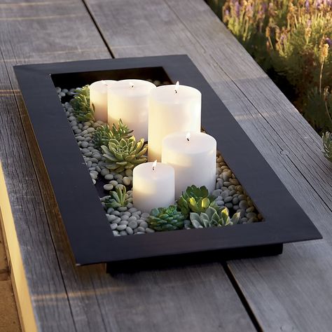 A Zen inspiration in indoor-outdoor decoration. This simple, watertight tray is the foundation for a reflecting pool with or without rocks, floating candles or blossoms like a succulent garden. Perfect for the ecofriendly wedding registry. | Reflection Black Metal Centerpiece from @crateandbarrel #weddingregistry Zen Backyard, نباتات منزلية, Succulent Centerpieces, Zen Decor, Floating Candles, Rustic Wedding Decor, Zen Garden, Backyard Oasis, Succulents Garden