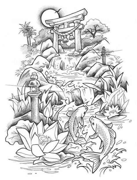 Japanese Houses Tattoo, Japanese Pond Drawing, Unique Japanese Tattoos, Chinese Building Tattoo, Feminine Japanese Tattoos, Japanese Garden Drawing, Japanese Landscape Tattoo, Pond Tattoo, Asian Style Tattoos