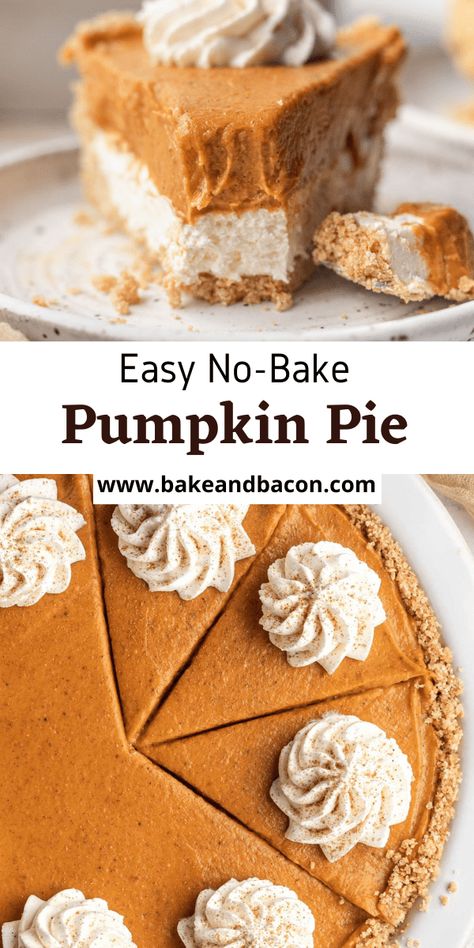 This no-bake pumpkin pie has a buttery graham cracker crust, a decadent cream cheese layer, and is topped with a spiced pumpkin layer. Each bite is bursting with flavor! No Bake Pumpkin Pie Bars, Pumpkin Cream Cheese Pie No Bake, Jello Treats, Cream Cheese Recipes Dessert, Pumpkin Cream Cheese Bread, Pumpkin Magic, Crisp Desserts, Pumpkin Cream Cheese Pie, 2023 Recipes