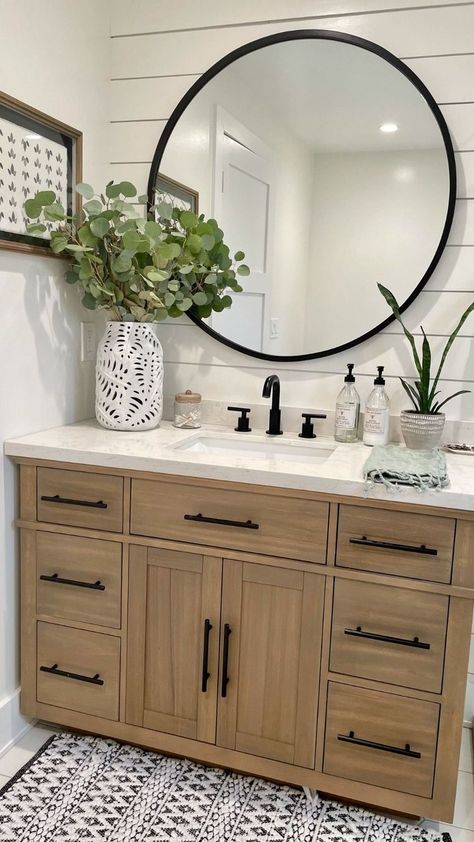 Vanity With Large Round Mirror, Bathroom Vanity And Toilet Ideas, Black Bathroom Vanity Mirror Ideas, Bathrooms With Black Windows, Round Black Mirror Bathroom Vanity, Black Round Mirrors In Bathroom, 36 Inch Round Mirror Bathroom, Bathroom Ideas With Round Mirrors, Small Bathroom Brown Vanity