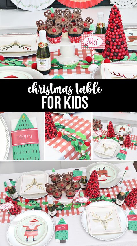 Kid Christmas Table Decor, Christmas Kids Table Ideas, Kids Table Christmas Decorations, Christmas Table Settings For Kids, Fun Christmas Table Decor, Kids Christmas Table Decorations, Christmas Table For Kids, Kids Christmas Party Table Decor, Christmas Kids Table Decor