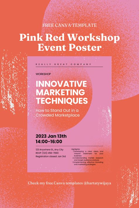 Free Canva Template - Pink Red Workshop Event Poster Workshop Flyer Design Event Posters, Communication Poster Design, Design Workshop Poster, Workshop Poster Design Ideas, Announcement Poster Design Ideas, Workshop Design Poster, Simple Event Poster, Event Announcement Poster Design, Seminar Poster Design Events