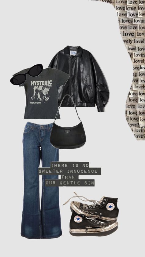 downtown, girl, downtown girl, flared jeans, converse, baby tee, leather jacket, outfit, inspo Jeans Converse Outfit, Journal Clothes, Converse Baby, Gilmore Girls Outfits, Jeans Converse, Leather Jacket Outfit, Leather Jacket Girl, Jeans And Converse, Downtown Outfits