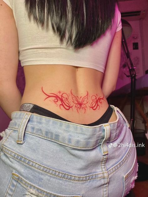 Nature Lower Back Tattoos, Heart Under Chin Tattoo, Tattoo Ideas Female Red And Black, Red Lower Back Tattoo, Lower Back Dragon Tattoo, Tattoo Ideas Female Tramp Stamp, Simple Lower Back Tattoos, Pink Tattoo On Brown Skin, Tattoo Ideas Female Red Ink