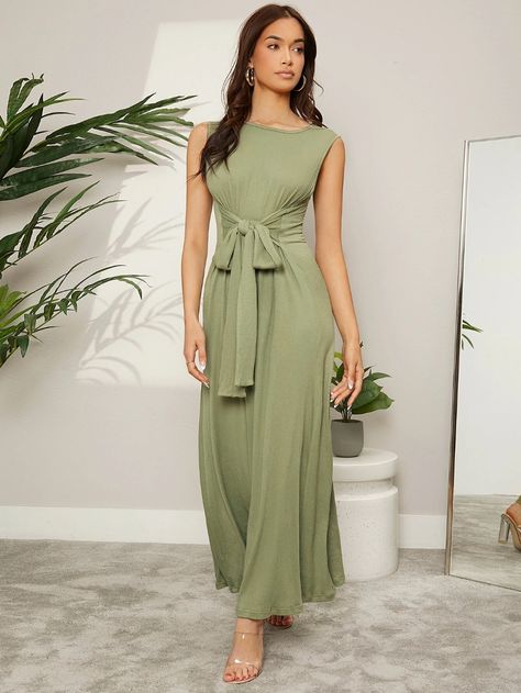 SHEIN Asymmetric Neck Knot Front Maxi Tank Dress | SHEIN USA Plain Dresses, Green Plain, Plain Dress, Boho Mini Dress, Maxi Tank Dress, Dance Dresses, Women Dresses, Tank Dress, Dress P