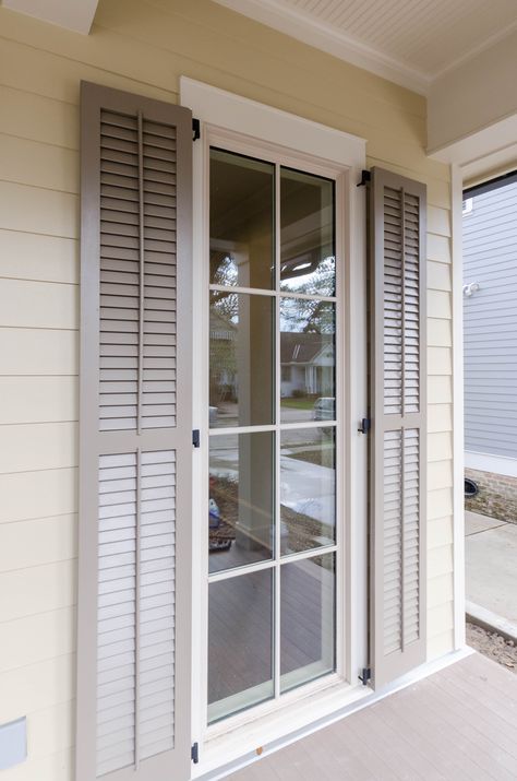 French Door With Shutters, Glass Window Design, Door Shutters, Colonial House Exteriors, Vinyl Shutters, Window Designs, Exterior Doors With Glass, Ranch Remodel, Elegant Doors