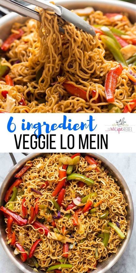 This Vegetable Lo Mein is made with 6 ingredients and packed with flavor! Easily customizable to your tastes and made it 20 minutes! With step by step recipe video below. #onepan #onepot #pasta #vegetarian #dinner | pantry meal | pantry cooking | pantry recipe | ramen noodles | one pot pasta | one pan meal | vegetarian meal Ramen Lo Mein Recipe, Lomein Recipes Easy With Ramen, Lou Mein Recipe, Easy Low Mein Recipe, Vegetable Lo Mein Recipe Easy, Packaged Ramen Noodle Recipes, Lomein Recipes Easy, Ramen Lo Mein, Healthy Lo Mein