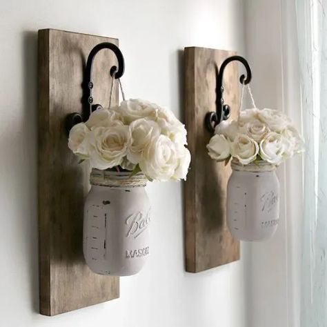 Welcome to this week’s blog hop full of inspiration from dozens of bloggers including a recipe for One-Pot Sausage and Broccoli Pasta. Tap on this pin to get this inspiration and more with Ahna Fulmer // HammersNHugs.com. #homedecor #recipe #blogger Wall Sconces Farmhouse, Flower Pot Hanger, Distressed Mason Jars, Lobby Decor, Hanging Mason Jars, Rustic Mason Jars, Rustic Wall Sconces, Pot Hanger, Ball Mason Jars