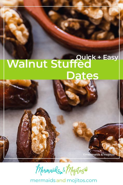 Walnut Stuffed Dates | Simple Tapas | Mermaids & Mojitos Walnut Stuffed Dates, Tapas Platter, Studio Corner, Stuffed Dates, Corner Ideas, Date Recipes, Appetizer Dips, How Sweet Eats, Vegan Snacks