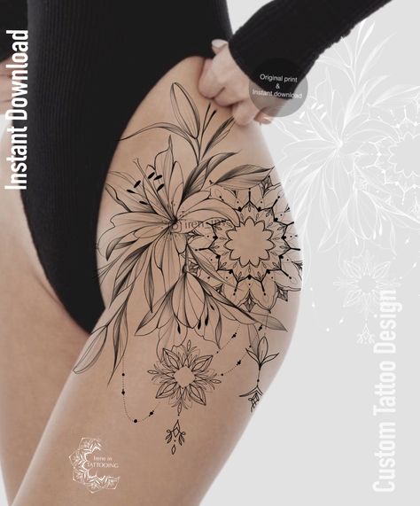 Excited to share this item from my #etsy shop: Tattoo Design | Lily flower Mandala | Instant download | Priginal art | Printable stencil #black #floral #lily #mandala #lilytattoodesign #mandalatattoo #customtattoo Tattoo Designs Watercolor, Tattoo Designs Mandala, Tattoo Designs Geometric, Feminine Thigh Tattoos, Printable Stencil, Printable Tattoos, Stomach Tattoos Women, Tattoos To Cover Scars, Lotus Tattoo Design