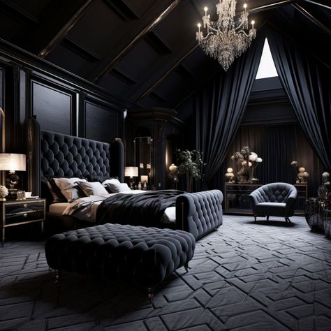 Feminine Bedroom Ideas, Dark Feminine Bedroom, Bedroom Inspirations Master, Charcoal Walls, Feminine Bedroom, Black Interior Design, Dark Bedroom, Stylish Interior Design, Black Bedroom