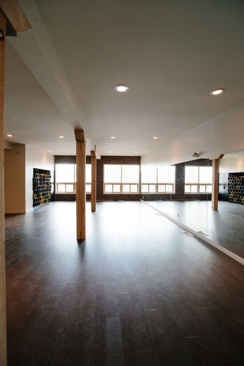 This studio space in #Calgary is available to rent for yoga, dance classes and more. Small Dance Studio Design, Small Dance Studio, Dance Studio Design, Small Kitchenette, Glass Garage Door, Barn Dance, Dance Classes, Yoga Dance, Strobe Lights