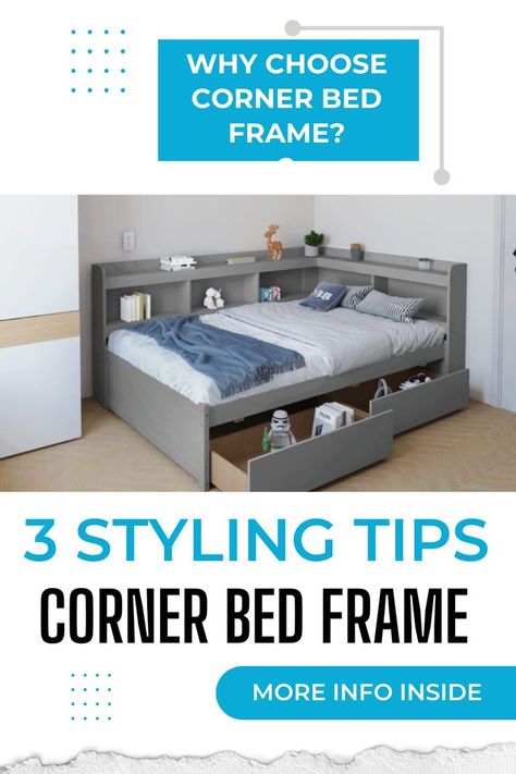 Corner Bed Frame: Modern Solutions for Compact Rooms Full Size Corner Bed Ideas, Corner Bed For Boys Room, Cornered Bed, Corner Bed With Storage, Corner Bed Design Ideas, Bedroom With Corner Bed, Corner Headboards, Kids Corner Bed, Double Bed In Corner Of Room