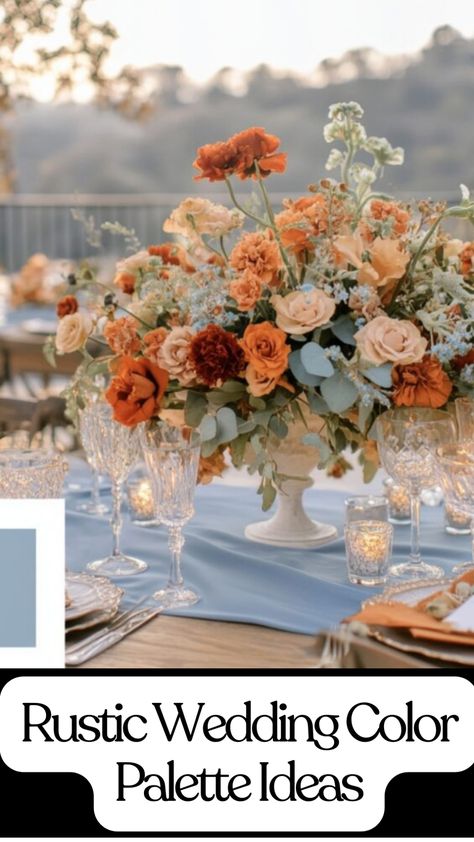 Burnt orange and dusty blue rustic wedding color palette with floral accents, natural wood details, and elegant rose gold highlights. Seasonal Wedding Colors, Fall Destination Wedding Colors, Country Wedding Colors Fall, Wedding Color Combinations Summer, Wedding Color Burnt Orange, Wedding Color September, Fall Wedding Colors Blue Colour Palettes, Wedding Theme Colors September, Alpenglow Color Palette