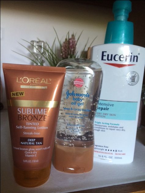 Best summer moisture glow.  I use 5 or 6 pumps of Eucerin, 6 or 7 drops of baby oil gel, and a little Sublime Bronze in my hand.  Mix up and apply to arms and legs. Keeps skin moist and give you a little glow. You can find them all at the drug store. :) Baby Oil Gel, Oil Gel, Tanning Skin Care, Sunless Tanning Lotion, Self Tanning Lotions, Tanning Tips, Lotion For Dry Skin, Sunless Tanning, Tanning Lotion