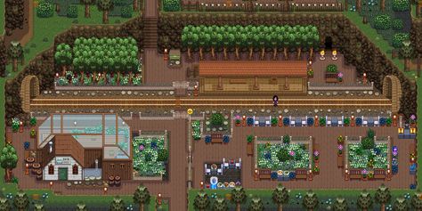 Train station and spa decoration🚂🧖‍♀️ Stardew valley💖 Stardew Train Station, Stardew Valley Train Station Layout, Stardew Valley Town Layout, Stardew Valley Spa Design, Stardew Valley Village Decoration, Stardew Outdoor Decor, Stardew Valley Train Station, Stardew Valley Town Decoration Ideas, Stardew Valley Town Decoration