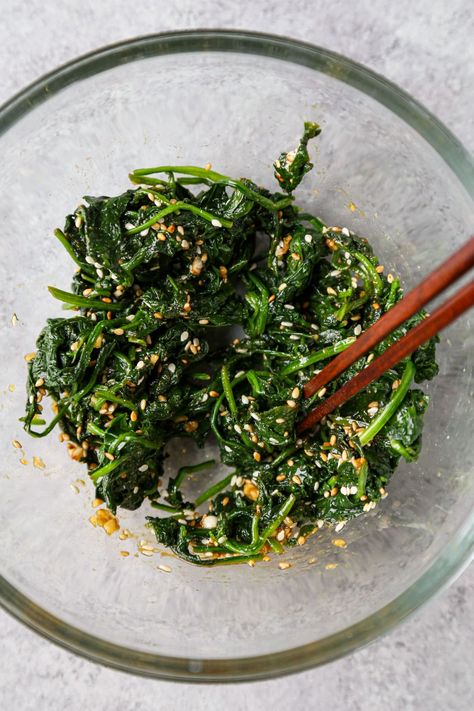 Korean Spinach Side Dish (Sigeumchi Namul) | Pickled Plum Asian Spinach Side Dish, Korean Spinach Side Dish Recipe, Chrysanthemum Recipe, Korean Spinach Side Dish, Korean Spinach, Korean Banchan, Spinach Side, Starch Sides, Chicken Bulgogi