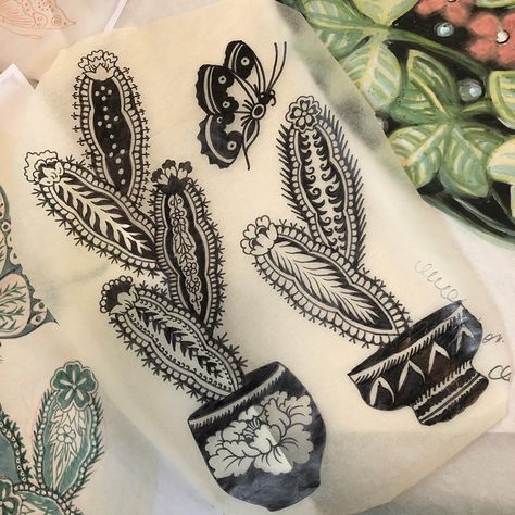 @morganhabe on Instagram: “Folk art Cactus can be done many ways! #folkart #folkarttattoo #cactusttattoo @classictattootx” Traditional Cactus Tattoo Design, Blooming Cactus Tattoo, Black And White Cactus Tattoo, Mexican Folk Tattoo, Mexican Cactus Tattoo, Mexican Folk Art Tattoos, Fine Line Cactus Tattoo, Folk Flower Tattoo, Prickly Pear Cactus Tattoo