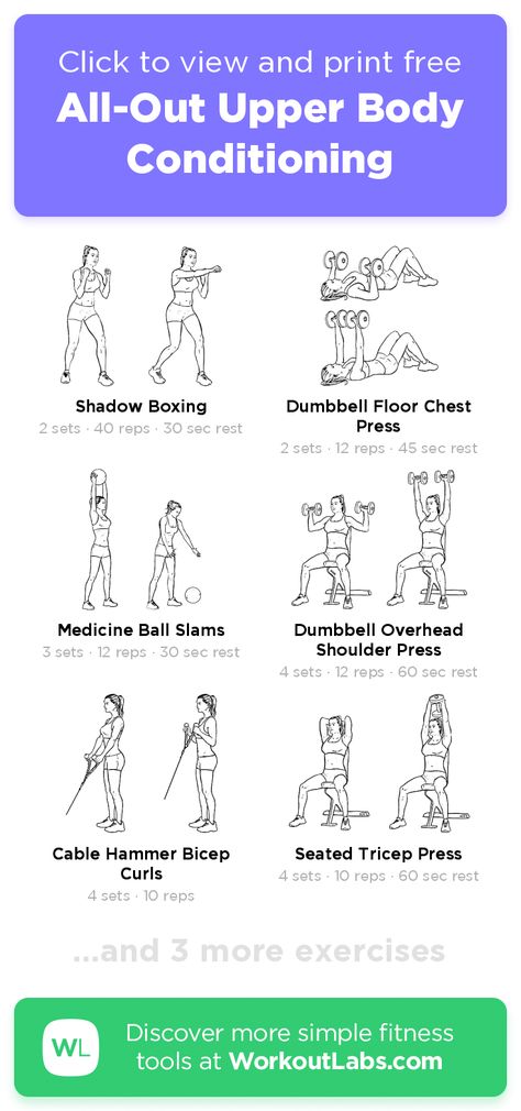 Free workout: All-Out Upper Body Conditioning – 53-min abs, arms, back, chest exercise routine. Try it now or download as a printable PDF! Browse more training plans and create your own exercise programs with #WorkoutLabsFit · #AbsWorkout #ArmsWorkout #BackWorkout #ChestWorkout Body Conditioning Workout, Dumbell Workouts, Gym Things, Body Conditioning, Workout Labs, Summer Workouts, Workout Hiit, Full Body Dumbbell Workout, Dumbell Workout