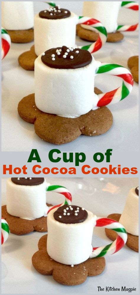 How to make adorable Hot Cocoa Cookies! These cookies look like a cup of cocoa on top of a gingersnap cookie! #christmas #cookies #gingersnaps Hot Chocolate Cookies Cups, Hot Chocolate In A Jar, Hot Chocolate Party, Cup Of Hot Cocoa, Cocoa Party, Hot Cocoa Cookies, Creme Brulee Recipe, Christmas Pie, Cookie Christmas